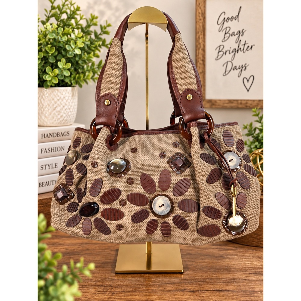 Fossil Modern Vintage Tan Canvas Brown Leather Floral Shell Button Shoulder Bag